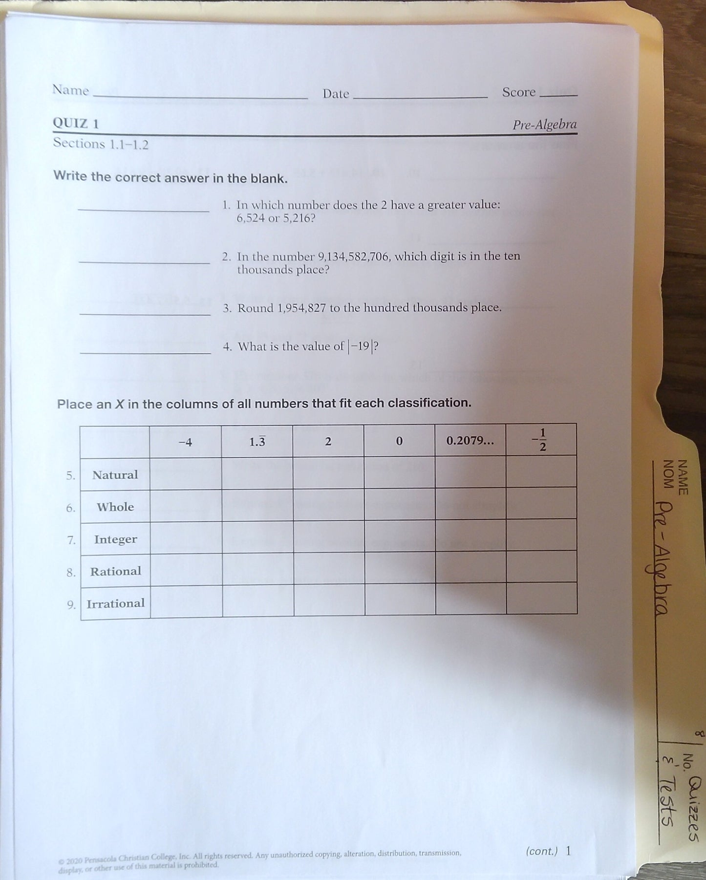 Pre-Algebra: Student Quizzes/Tests