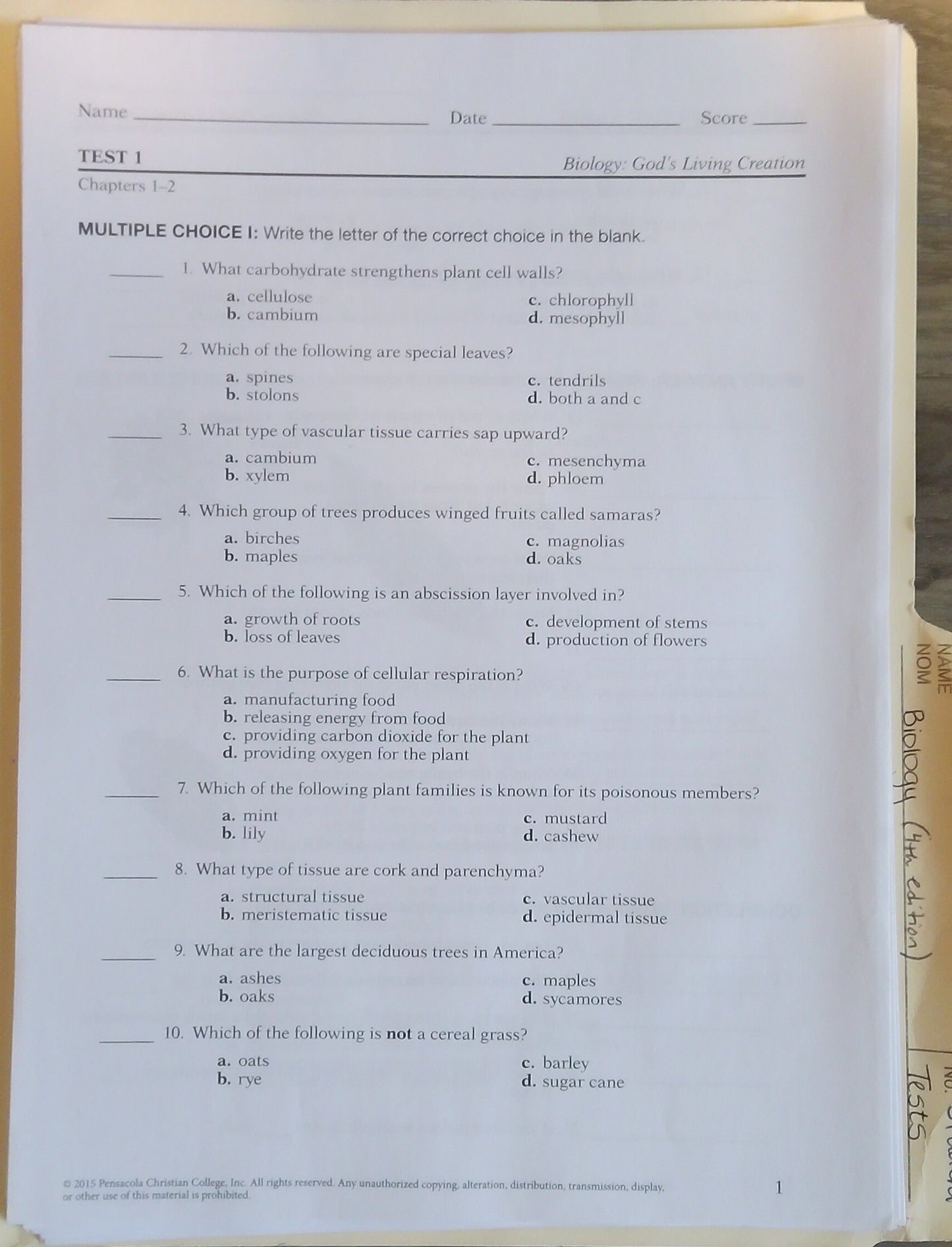 Biology: Student Tests
