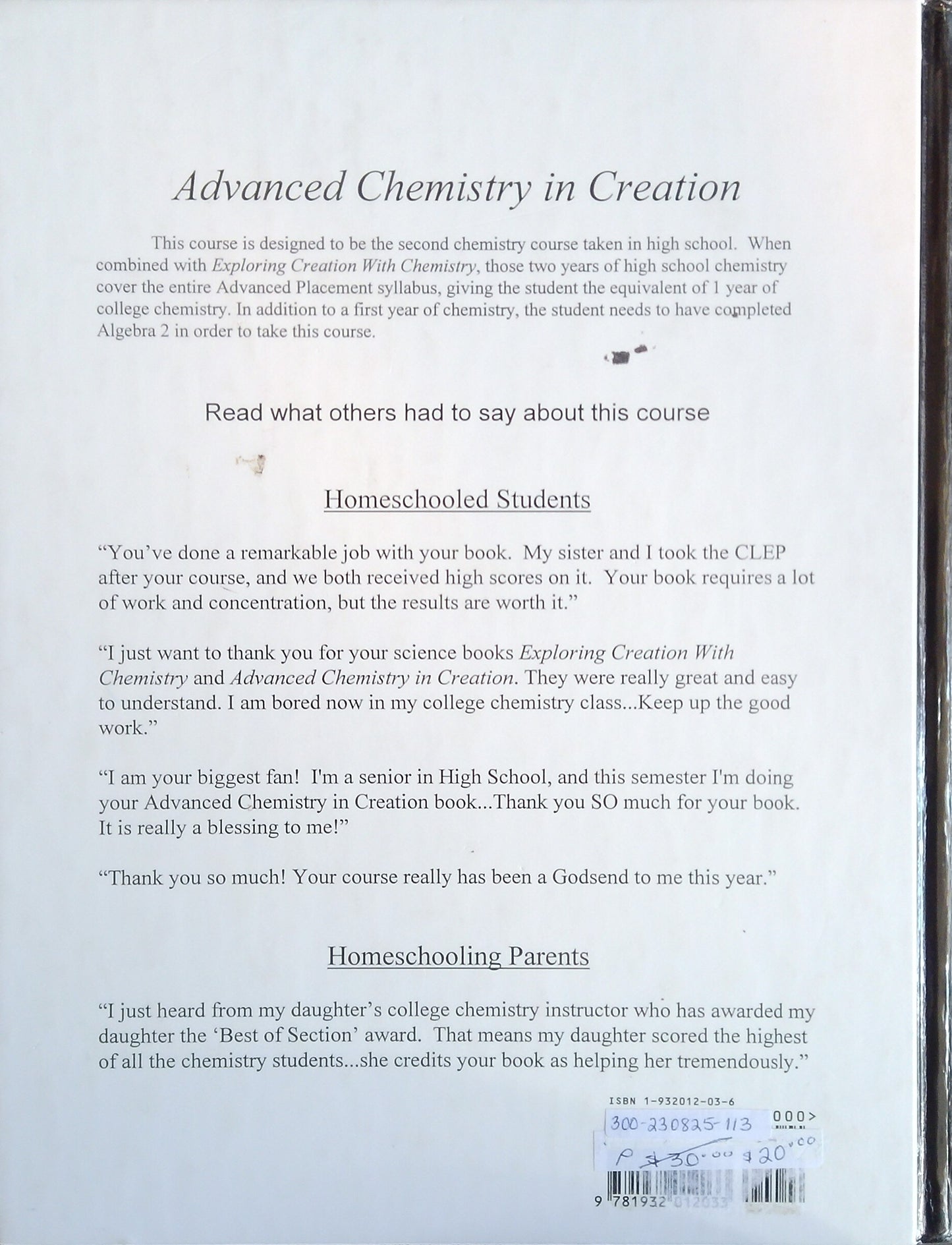 Advanced Chemistry In Creation Textbook