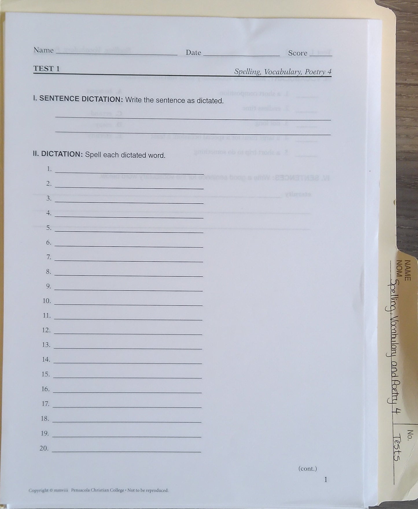 Spelling, Vocabulary & Poetry 4: Tests
