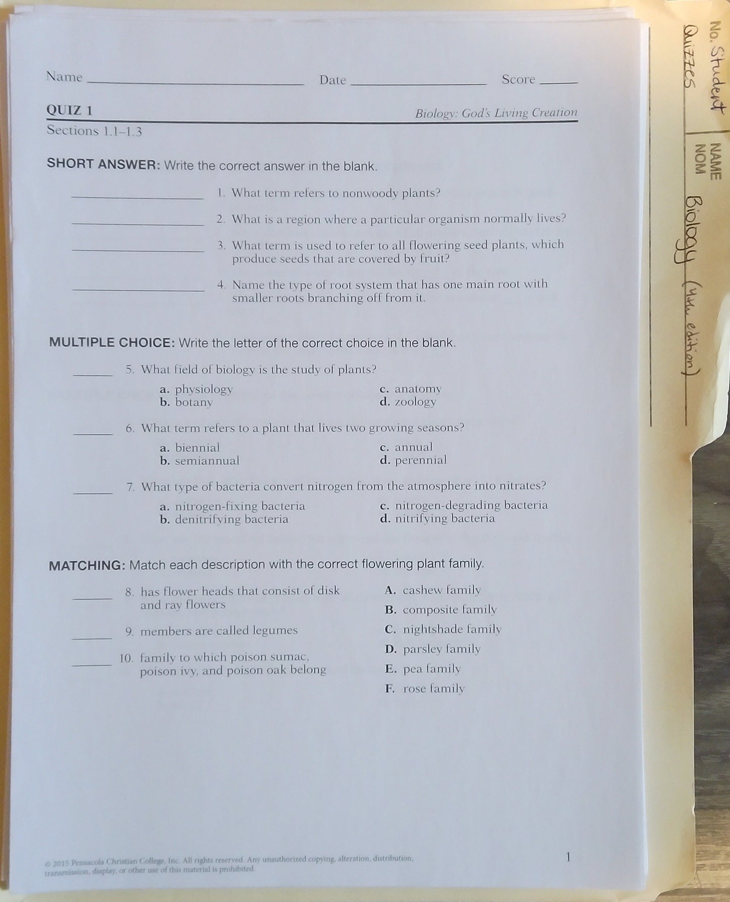 Biology: Student Quizzes