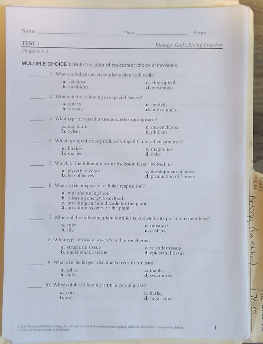 Biology: Student Tests