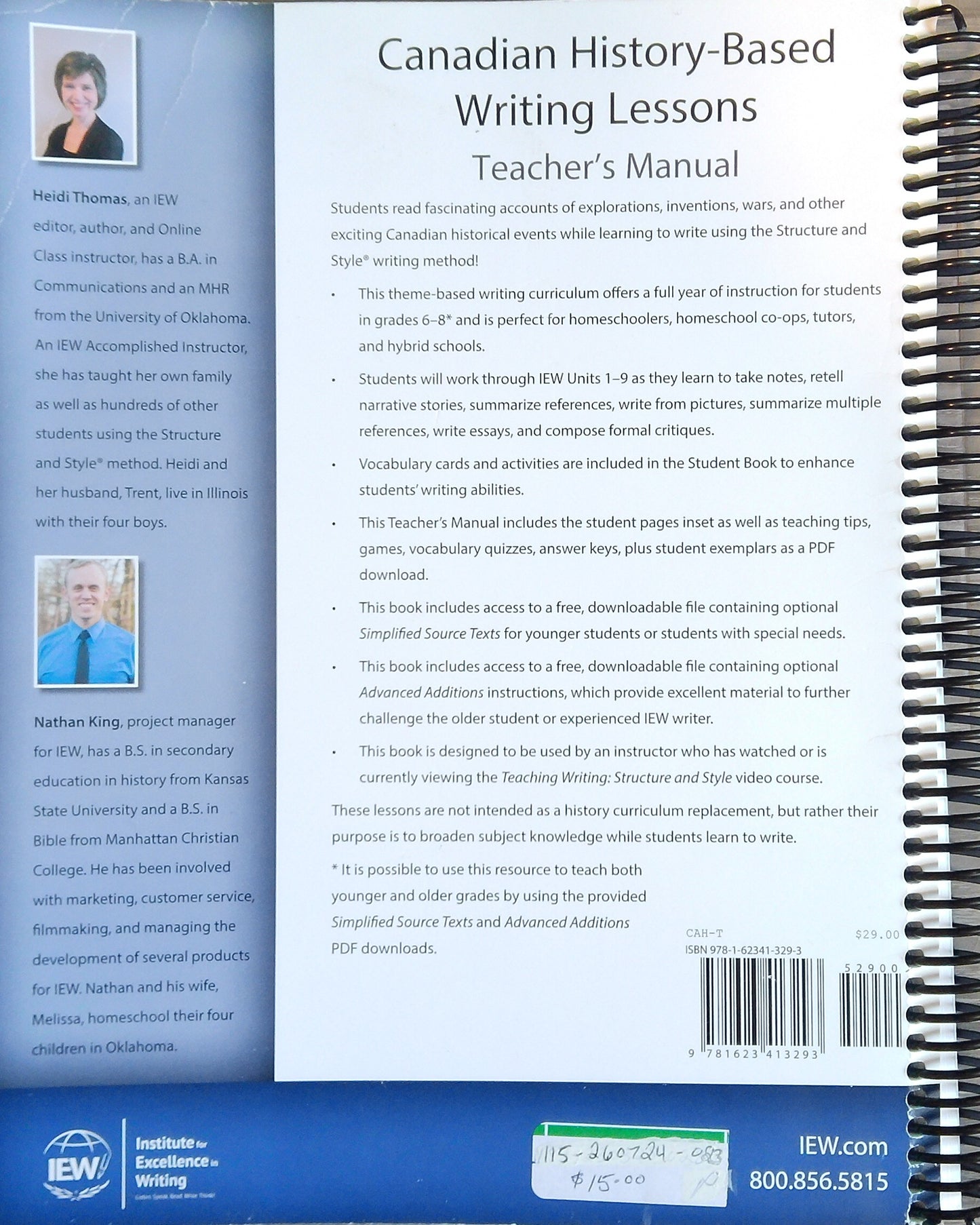 IEW Canadian History-Based Writing Lessons Teacher's Manual